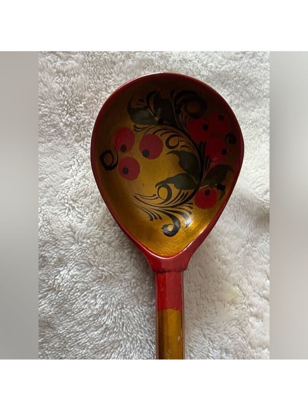 Vintage Khokhloma Russian Lacquer Wood Spoon • Hand-Painted Gold Folk Art • 7.5” - Picture 6 of 14